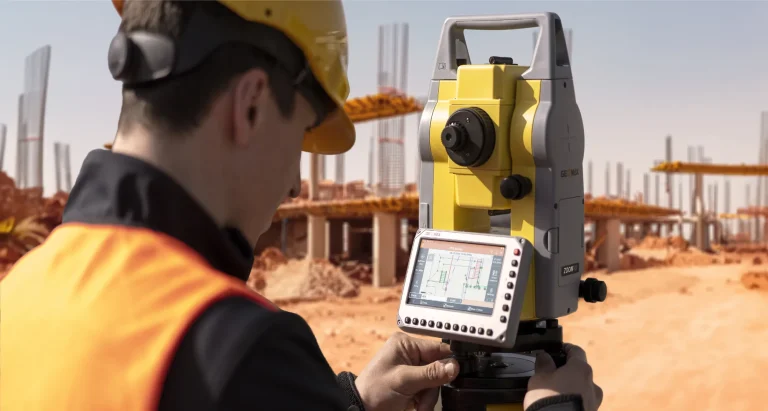 Геодезист работи с клавиатурата на GeoMax Zoom45 на строителен обект